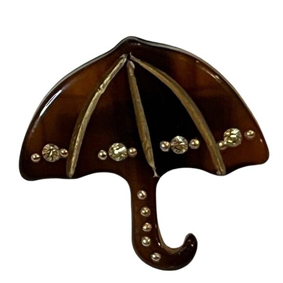 Vintage Celluloid Umbrella Pin Brooch Brown Rhinestones 1” Translucent - Picture 1 of 4